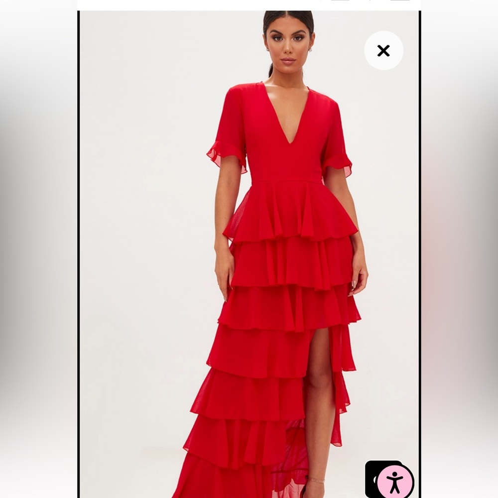 Red Chiffon Ruffle Layer Maxi Dress